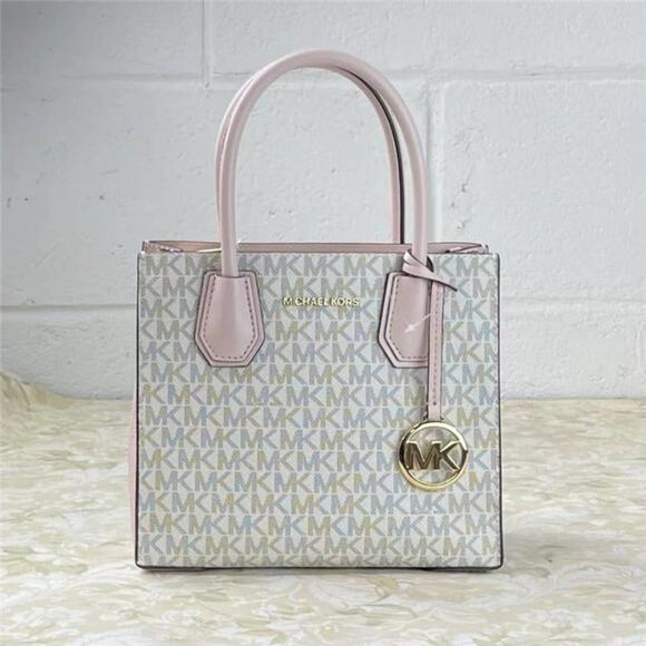 MICHAEL KORS MERCER MD SATCHEL MESSENGER MK SIGNATURE LEATHER BAG VANILLA PINK - Picture 1 of 6